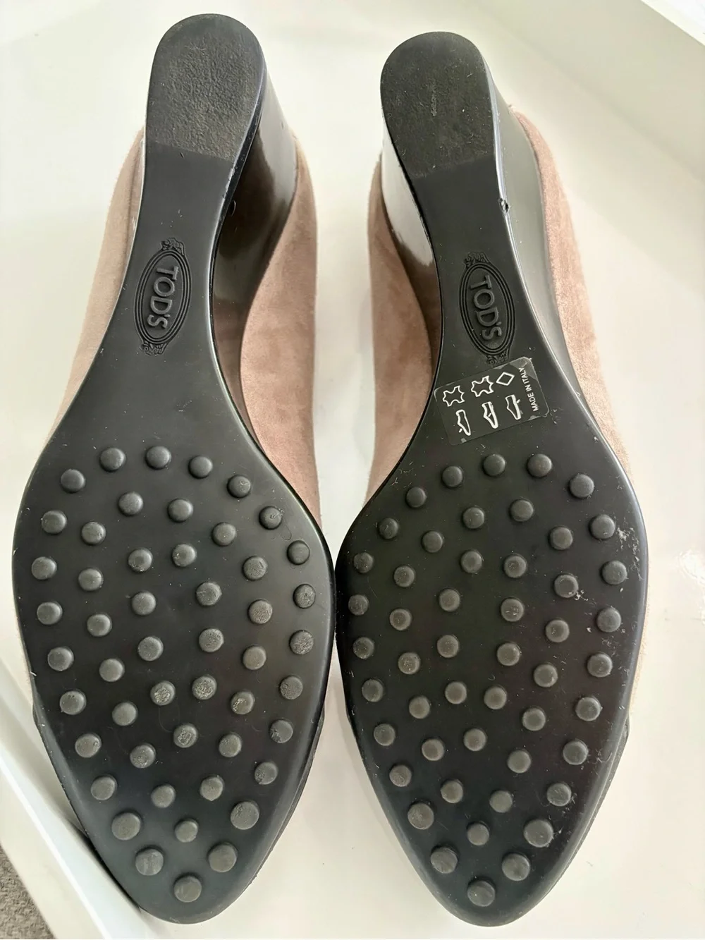 Tod's Taupe Suede Wedge Pumps with Black Heel